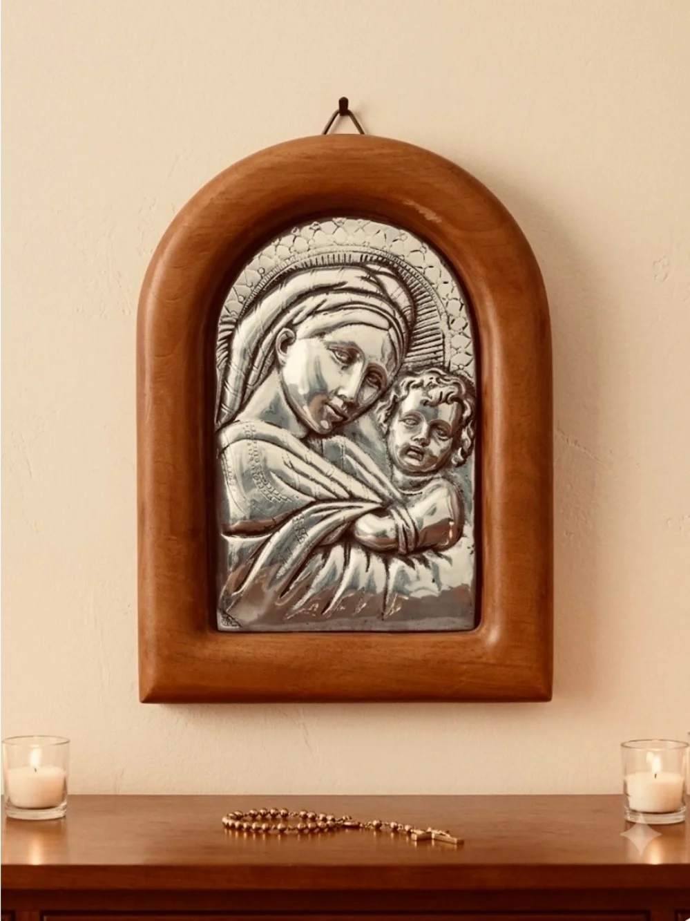 Madona-virgin Mary & baby Jesus-pewter plaque in solid wood frame